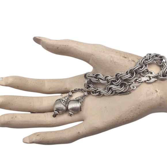 Vintage Monet Bolero Bracelet, Silver Tone Charm Bracelet, Dangling Textured Bal - Picture 7 of 12